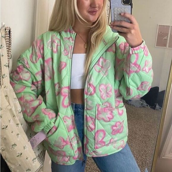 Wild fable womens Small Quilted Green Pink Flowers Floral Zip Up Jacket coat - Picture 1 of 9